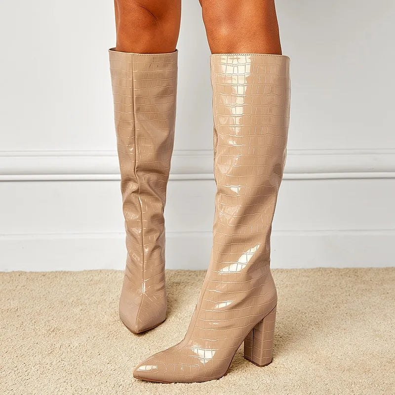 Pattern Long Boots for Women 2024 the Same Pointed Thick Heel Over Knee Boots, a New One Foot Boots in Winter 2025