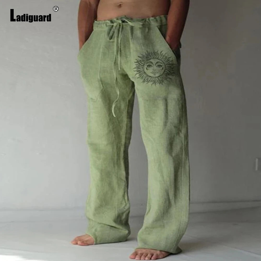 Plus Size 5xl Mens Loose Pants 2025 Summer Casual Linen Pants Male Fashion Print Trouser Men Patchwork Drawstring Leisure Pant