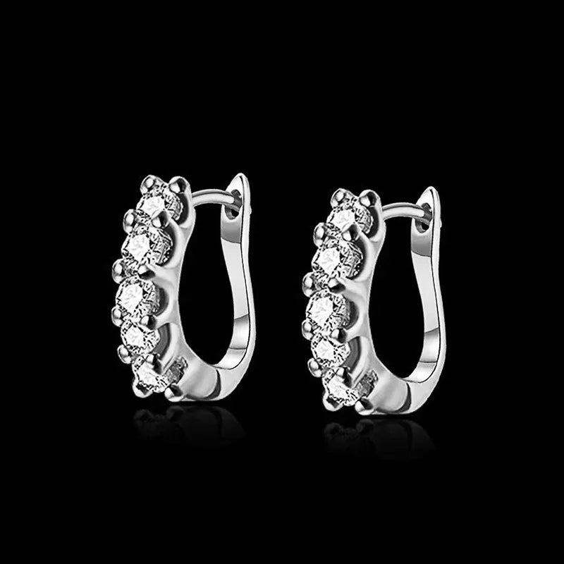 E662 White Gold Huggie Earrings Round Zircon Claw Setting Women's Classic Fashion Jewelry
