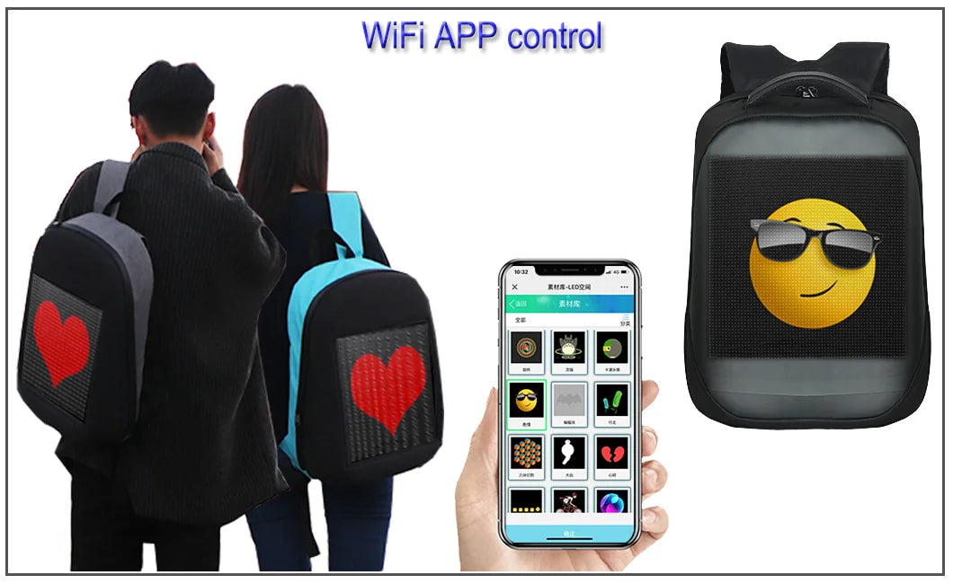 Full Color Smart LED Display Waterproof Backpack Travel Portable Dynamic Laptop Bag Digital Advertising Display 20-35L WiFi