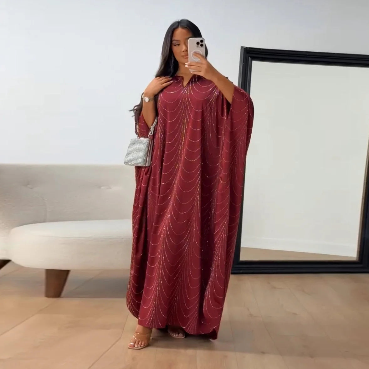 Elegant Maxi Dress Turkish Caftan Wholesale Abaya Hot Diamond Kaftan Batwing Sleeves Women Muslim Dress Dubai Islamic Clothing