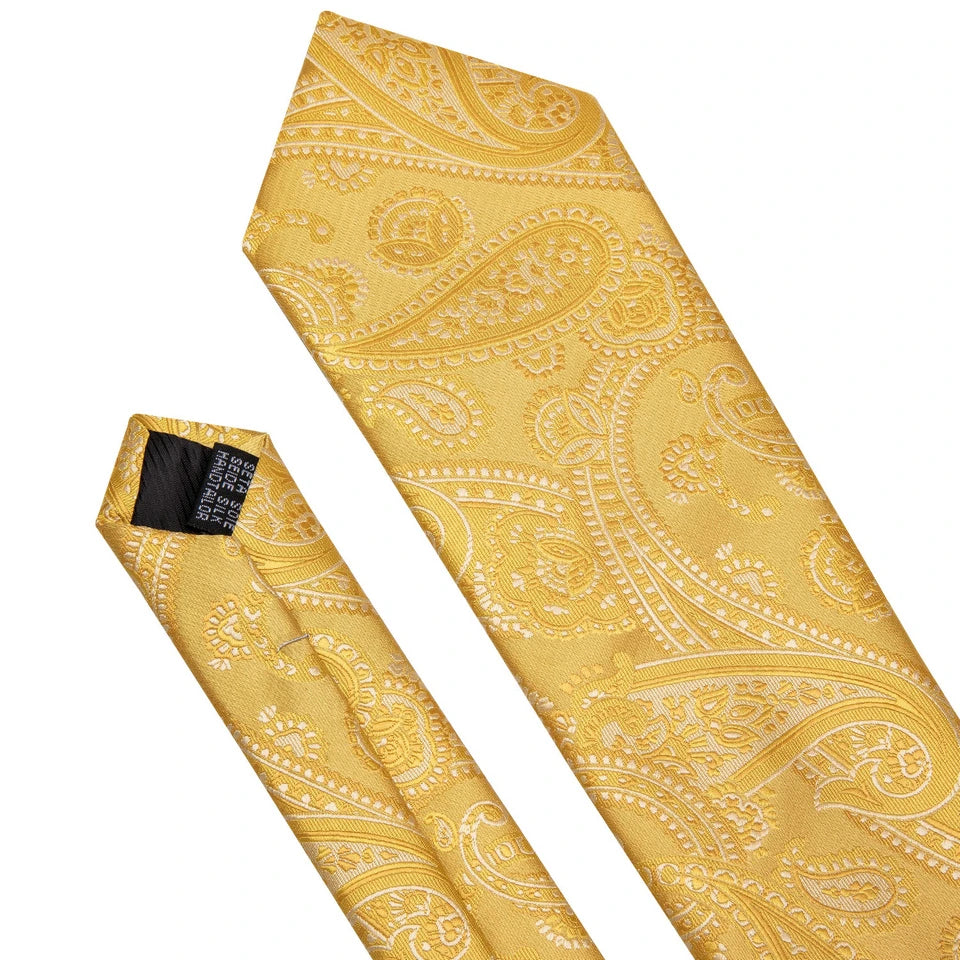 Free Shipping Men's Yellow Tie  Wedding Necktie and Pocket Square Cufflinks Set Paisley