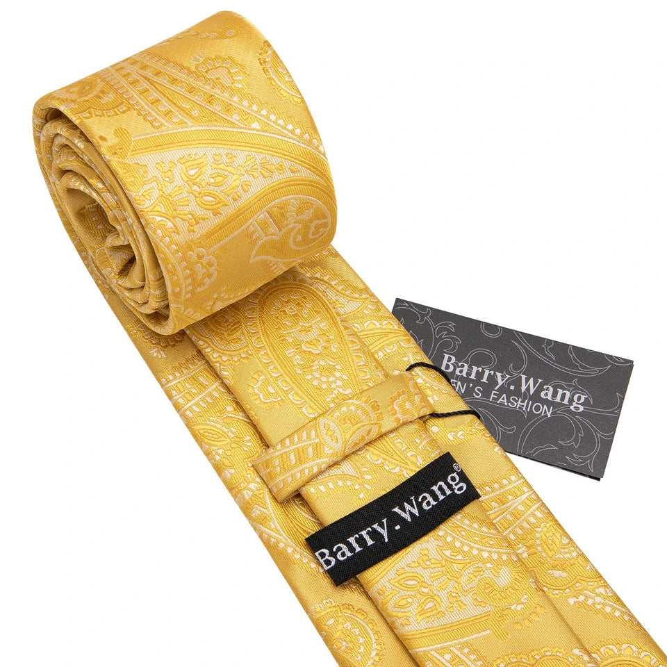 Free Shipping Men's Yellow Tie  Wedding Necktie and Pocket Square Cufflinks Set Paisley