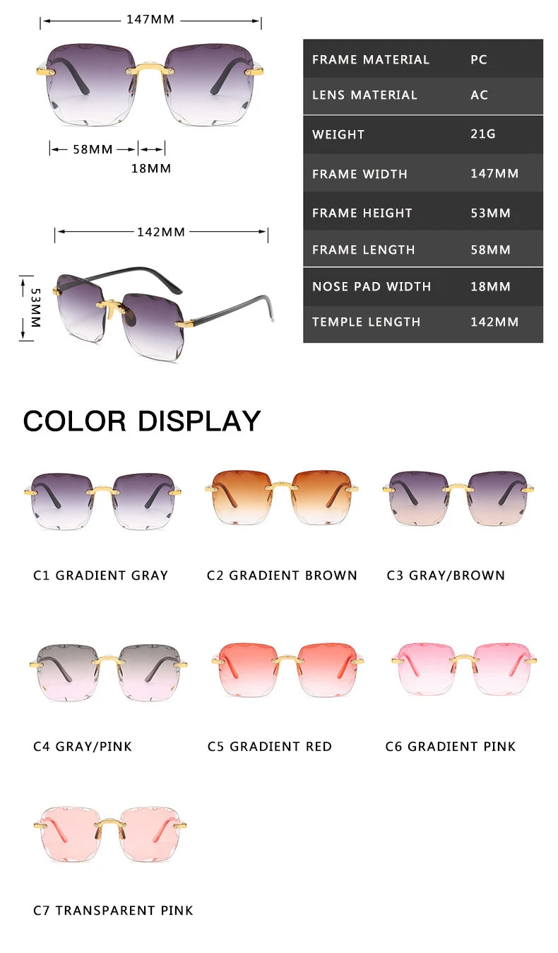 3PCS Square Rimless Sunglasses Women Luxury Brand Designer Summer Red Glasses Fashion Sun glasses For Men UV400 Shades Oculos
