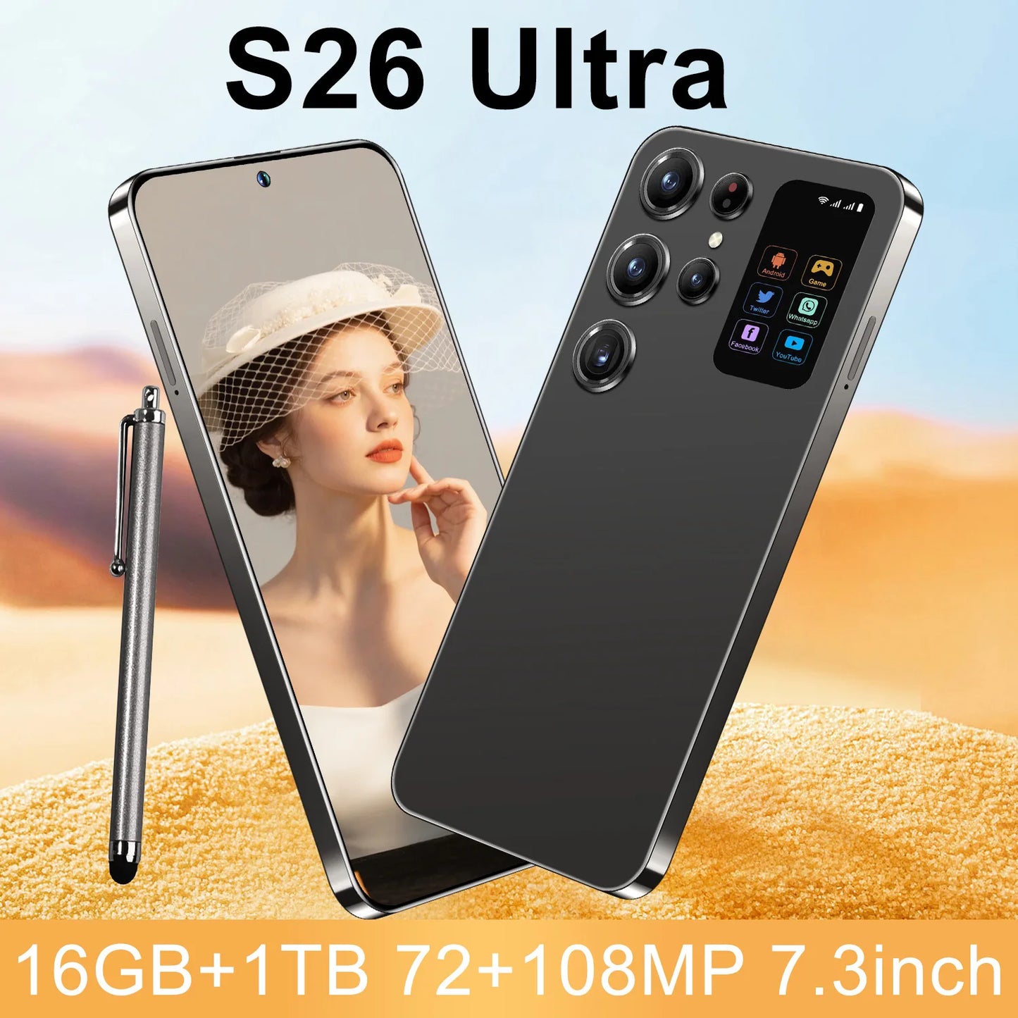 Face Recognition Unlock Original S26 Ultra 5G Smart Mobile Phone 7.3-inch HD Screen 16GB RAM+1TB Storage Deca Core Processor