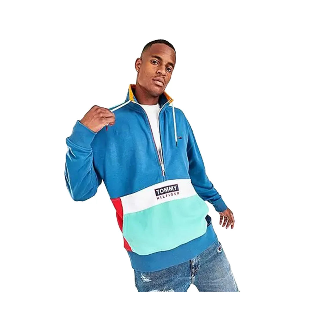 For for Denim Travis Quarter-Zip Colorblock Mens Active Sweaters Color Blue/White/Teal | 100% Authentic Made in China