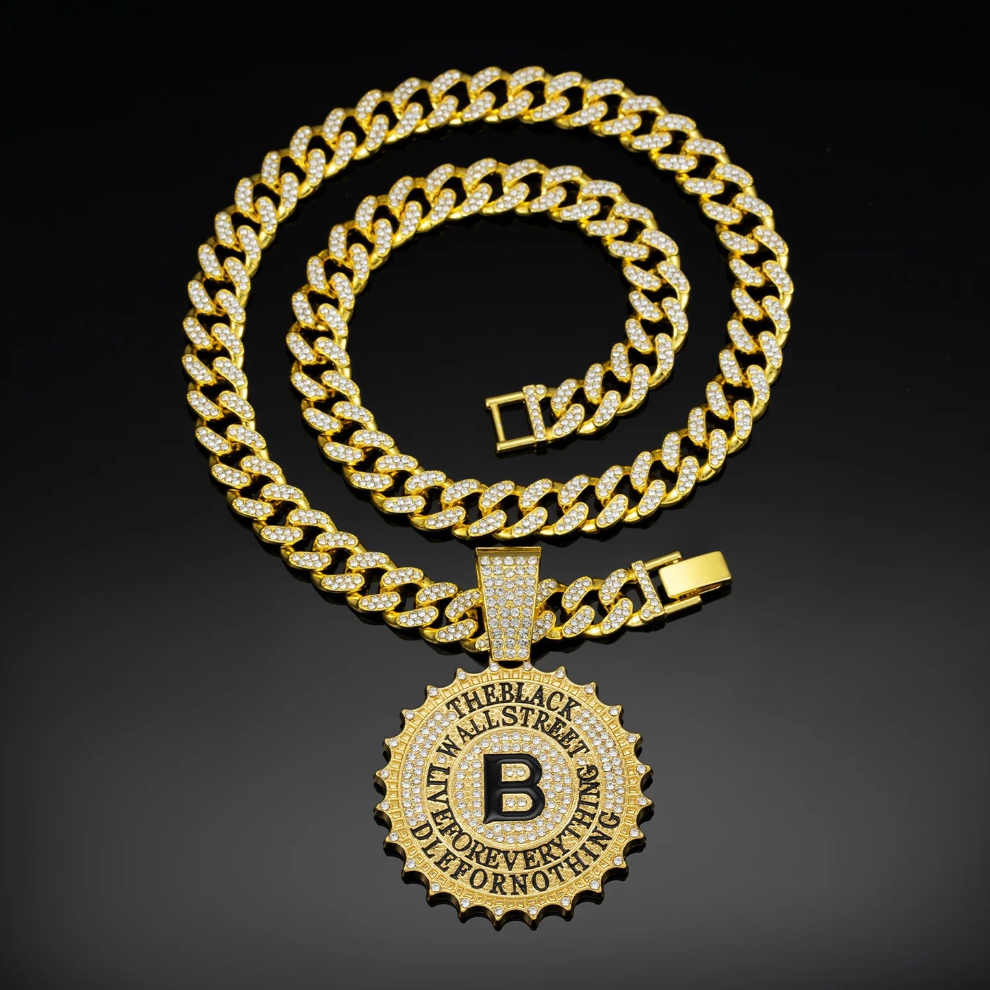 CJH Hip Hop Brand Men's Full Diamond Cuban Necklace Round B Diamond Letter Pendant Long Chain for Gift Cross-Border Supply