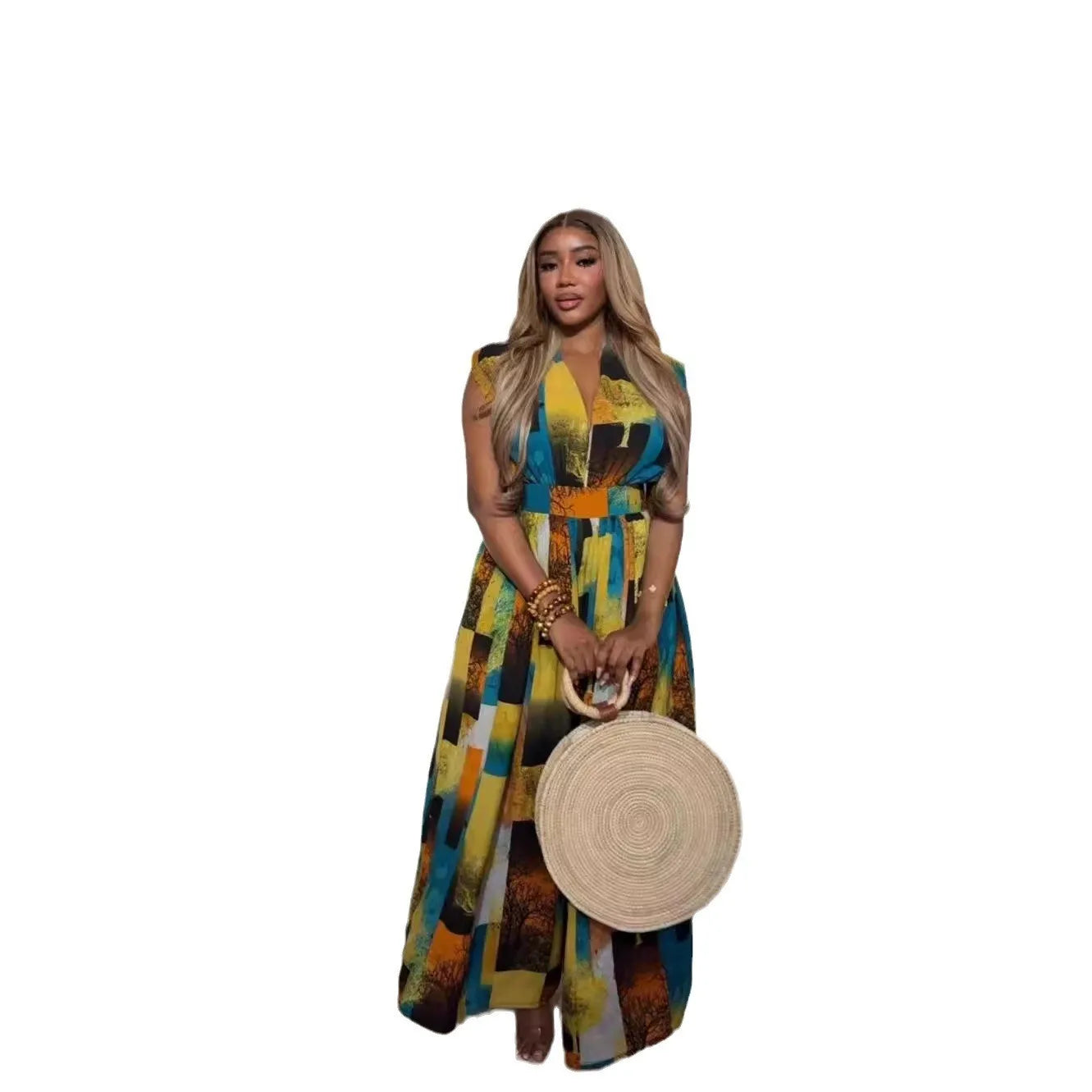 Casual V Neck Sleeveless Jumpsuit with Print Patchwork Breathable Knitted Summer Jumpsuit for Parties Button Decoration