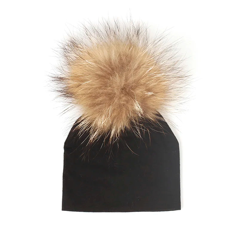 Geebro 0-3 Month Baby Boys Soft Cotton Real Fur pompom Beanies Hats For Newborn Girls Spring Autumn Kids Infants Toddler Hats
