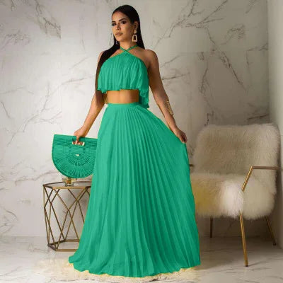 Summer Two Piece Long Dress Women Elegant 2 Piece Set Crop Top and Skirt Set Sexy Sleeveless Beach Party Outfit