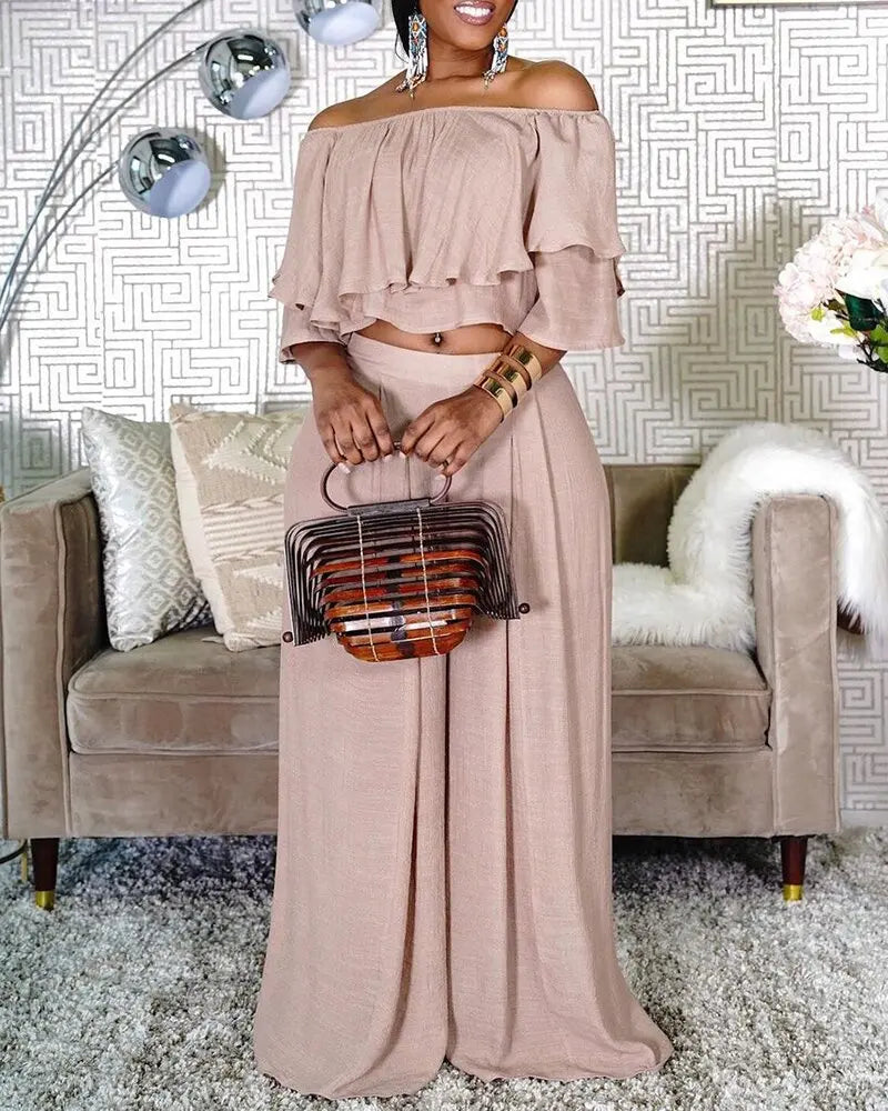 Liu Ming Hot Selling Custom 2024 Summer Women Ruffle Off Shoulder Tops Plus Size Wide Leg Loose Trousers Pants Set