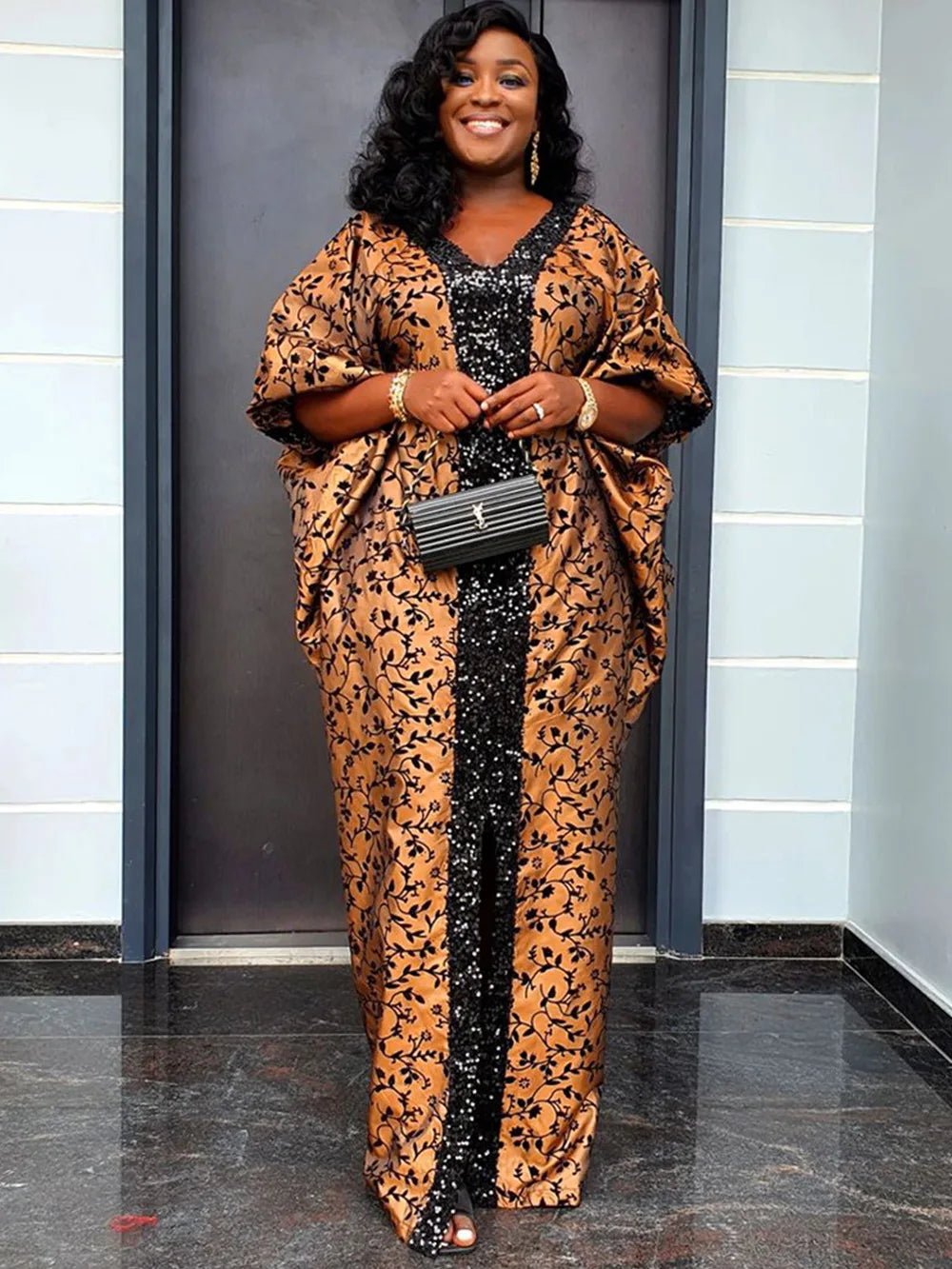 New Fashion Women Africa Summer Spring Short Sleeve Robe Printing Patchwork Sequin V-neck Long Dress Muslim Casual Dresses
