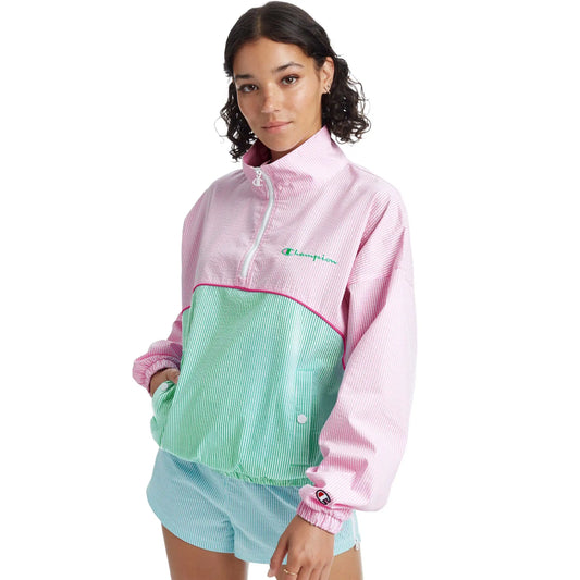 Champion See R Sucker Popover Womens Jackets Color: Pink/White | 100% Authentic
