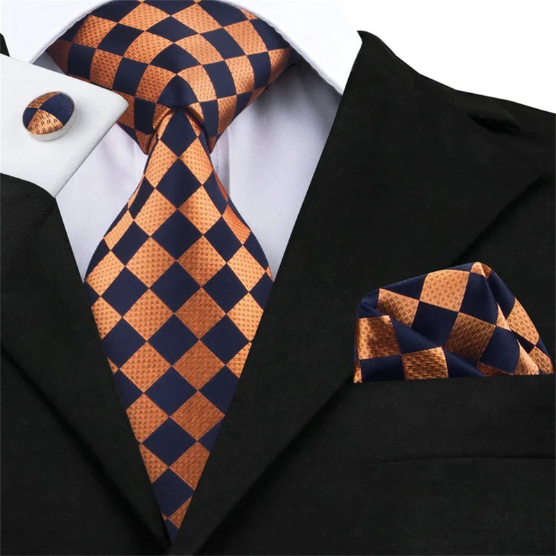 High Quality Luxury Business Fashion Men Gift Orange Plaid Checked Tie Jacquard Woven Silk Necktie Pocket Square Cufflinks Set