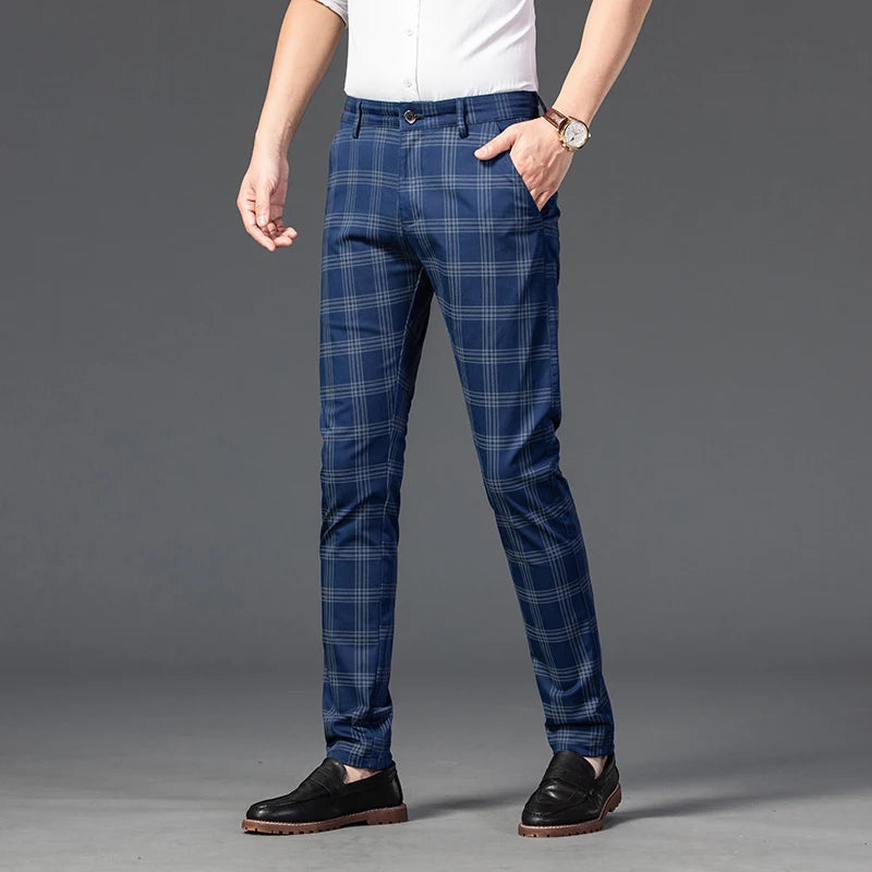 2025 Spring New Men's Plaid Casual Pants Business Fashion Slim Stretch Male Skinny Trousers Brand Clothes 7 Color