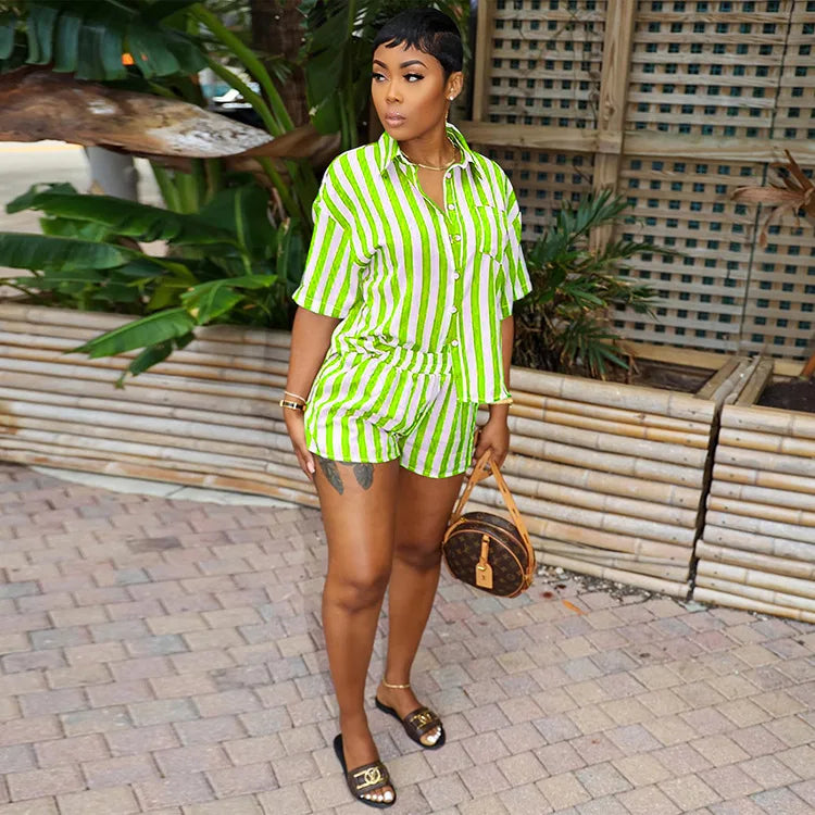 Women's Summer Two-Piece Set Above Knee Crop Top & Booty Shorts Hawaiian Lace Vacation Outfits Striped Print Washed Technique