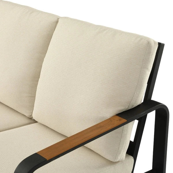 Outdoor 3 Seater Sofa Tall Back 62cm Oversized Seat Black Metal Frame Wood Armrests PET Fabric Cushions 330 LBS Patio Furniture