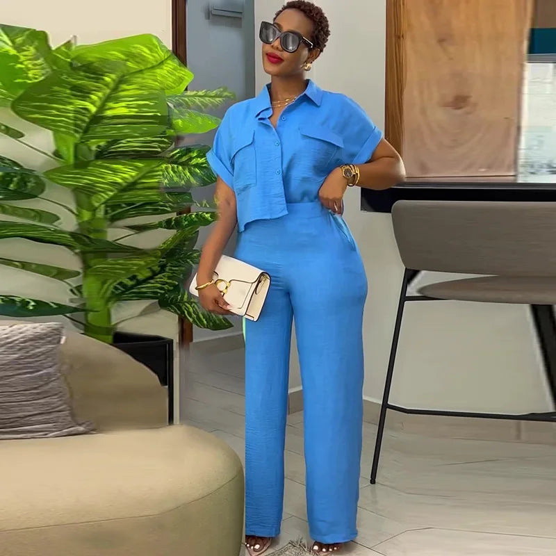 Women's Summer New Short Sleeve Solid Pattern Polo Collar Shirt and Wide Leg Pants Casual Style One Set Suits