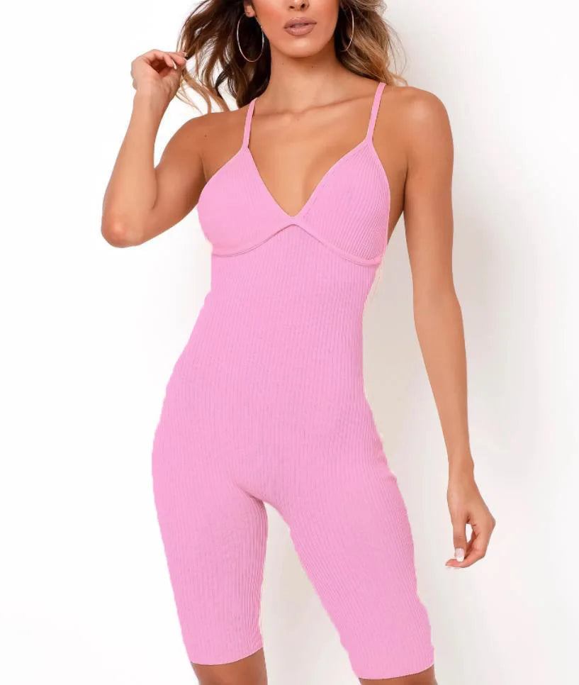 Fashion Bodycon Jumpsuits Sleeveless V Neck Rompers Club Wear Casual Elastic Overalls Ribbed Playsuit for Women