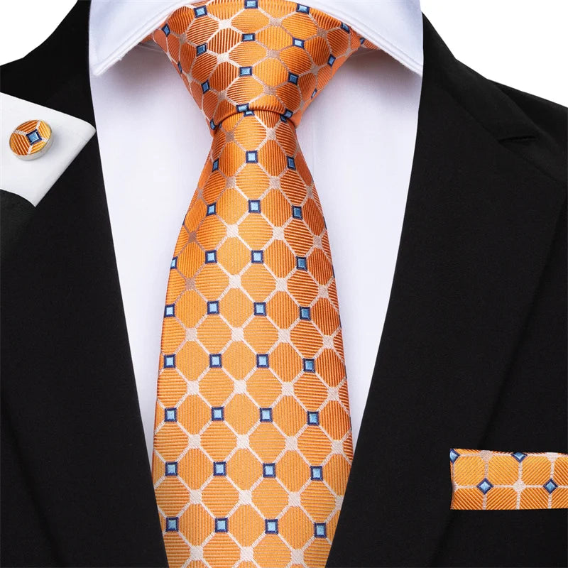 High Quality Luxury Business Fashion Men Gift Orange Plaid Checked Tie Jacquard Woven Silk Necktie Pocket Square Cufflinks Set