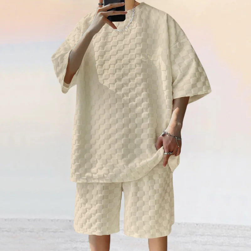 Men's Sports Suit Summer New High Street Jacquard Plaid T-shirt Shorts Two-piece Set Male Casual Retro Loose O-neck Top