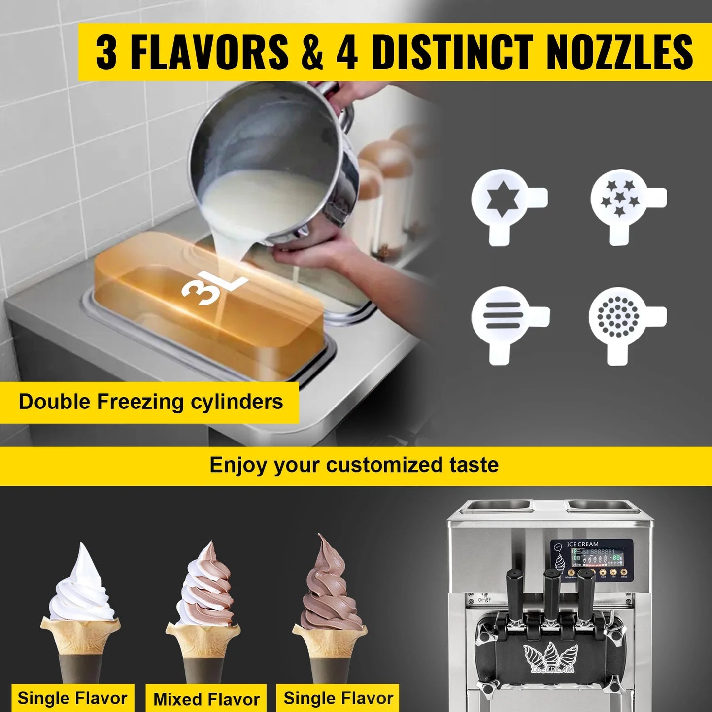 VEVOR 1200W A168  Compressor Ice Cream Maker 4-Nozzle LCD Panel Machine for Yogurt and Milk 3 Flavors New Condition