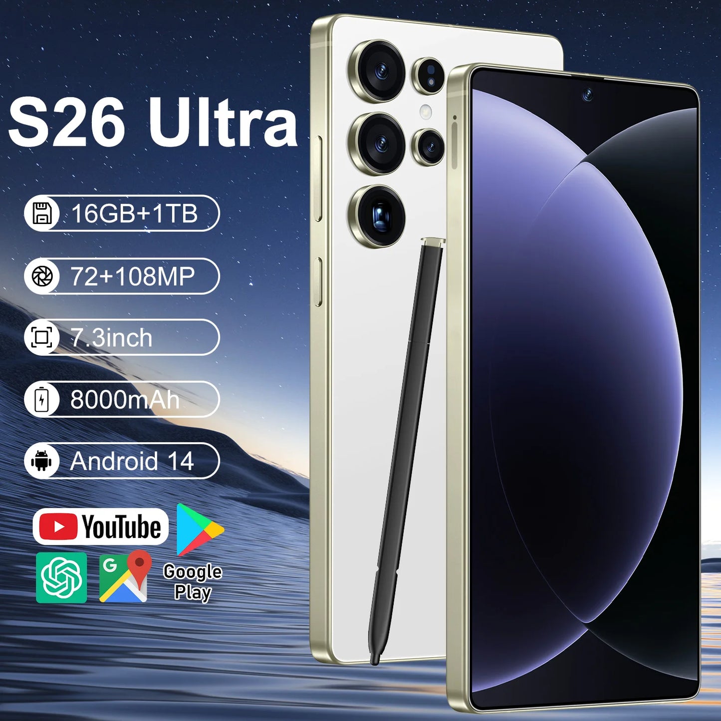 Brand New Unlocked 5G S26 Ultra 5G Smartphone 16GB+1TB 7.3 Inch HD 72+108MP Beauty Camera Android 14 Dual Card CDMA Gaming Phone