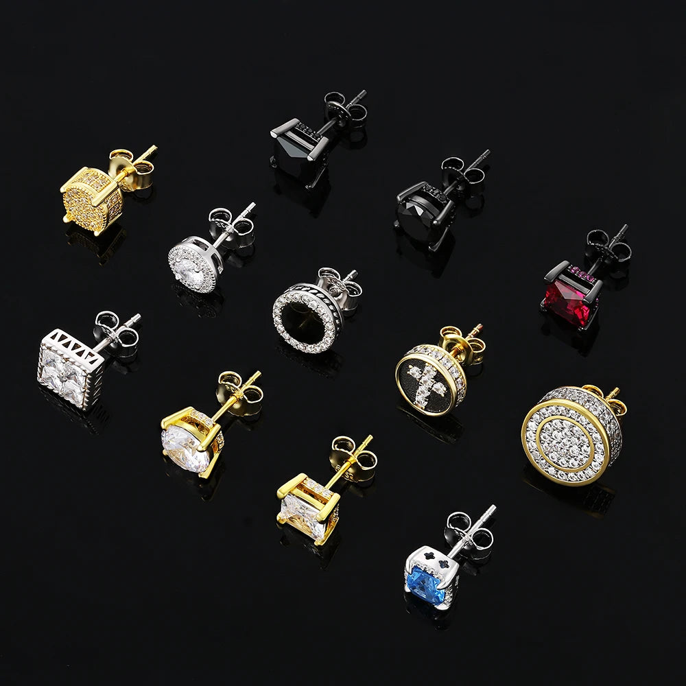 BIG Large 8mm Hip Hop Men Iced Out Earring S925 Sterling Silver Square Cubic Zirconia 14K White Gold CZ Stud Earring Womens
