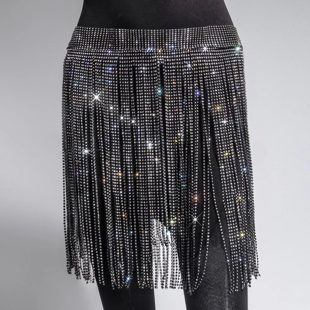New Black Crystal Tassel Skirt Party Bling Rhinestone Mini Shirt Party Women Skirts