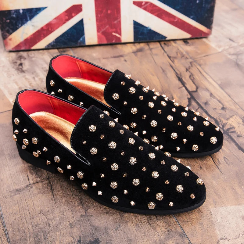 Custom Logo MOQ1 Outdoor Loafers Men Rhinestone PU Leather Rose Rivet Mens Casual Walking Style Shoes Wedding Party Dress Shoe