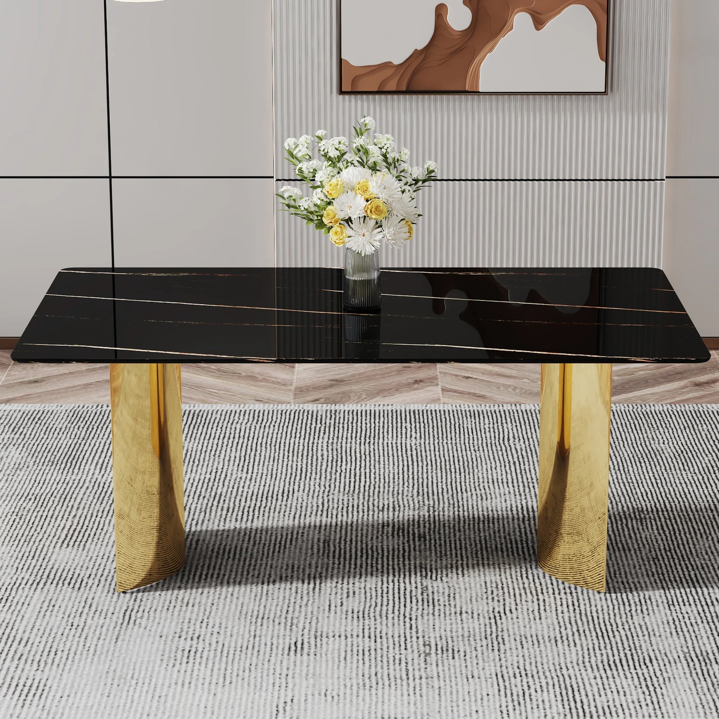 Modern Minimalist Square Dining Table with Black Patterned Glass Top Golden Metal Legs for Home Furniture Apartments Restaurants
