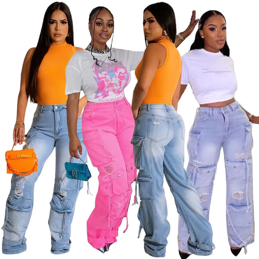 F88483 High Waist Chic Ripped Hole Baggy Jeans Y2K Denim Boyfriend Street Style Wide Leg Straight Cargo Jeans