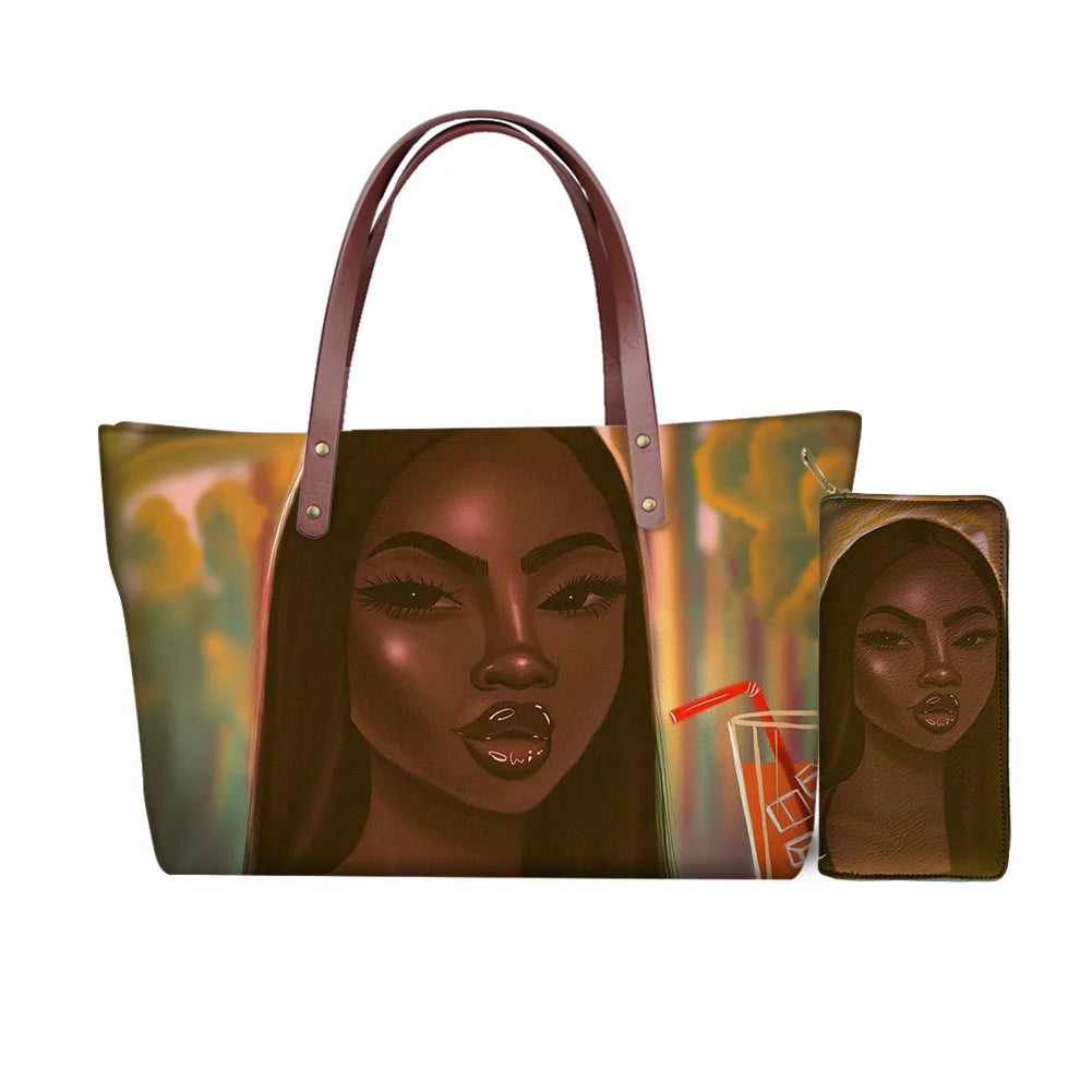 High Quality Latest Custom Pattern Women Hand Bags Black Art African Girls Printed Top Handle Tote Bag Luxury Purse for Ladies