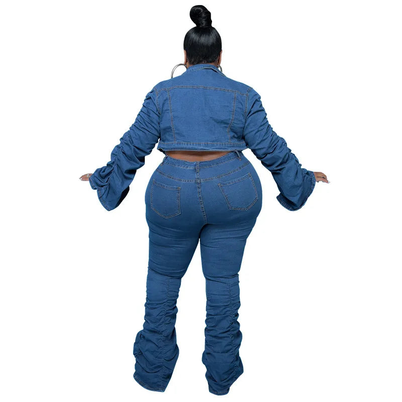 Denim Plus Size Sets Women 2 Piece Set Puff Long Sleeve Jacket Stretch Stacked Jeans Fall Winter Clothes Wholesale Dropshipping