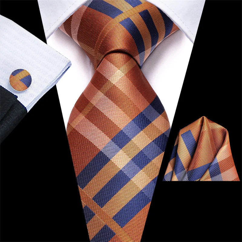 High Quality Luxury Business Fashion Men Gift Orange Plaid Checked Tie Jacquard Woven Silk Necktie Pocket Square Cufflinks Set
