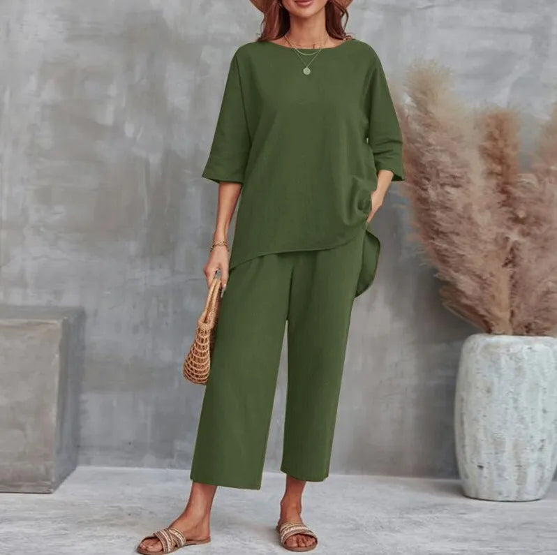 S-4XL Summer Plus Size Women Cotton Loose Elegant Short Sleeve Trousers Two-piece Set Solid Color Breathable Women Casual Suits