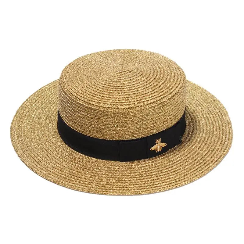 Fashion Sequins Sunscreen Paper Straw Hat Spring Summer British Flat Top Panama Sunshade Golden Bee Beach Hat