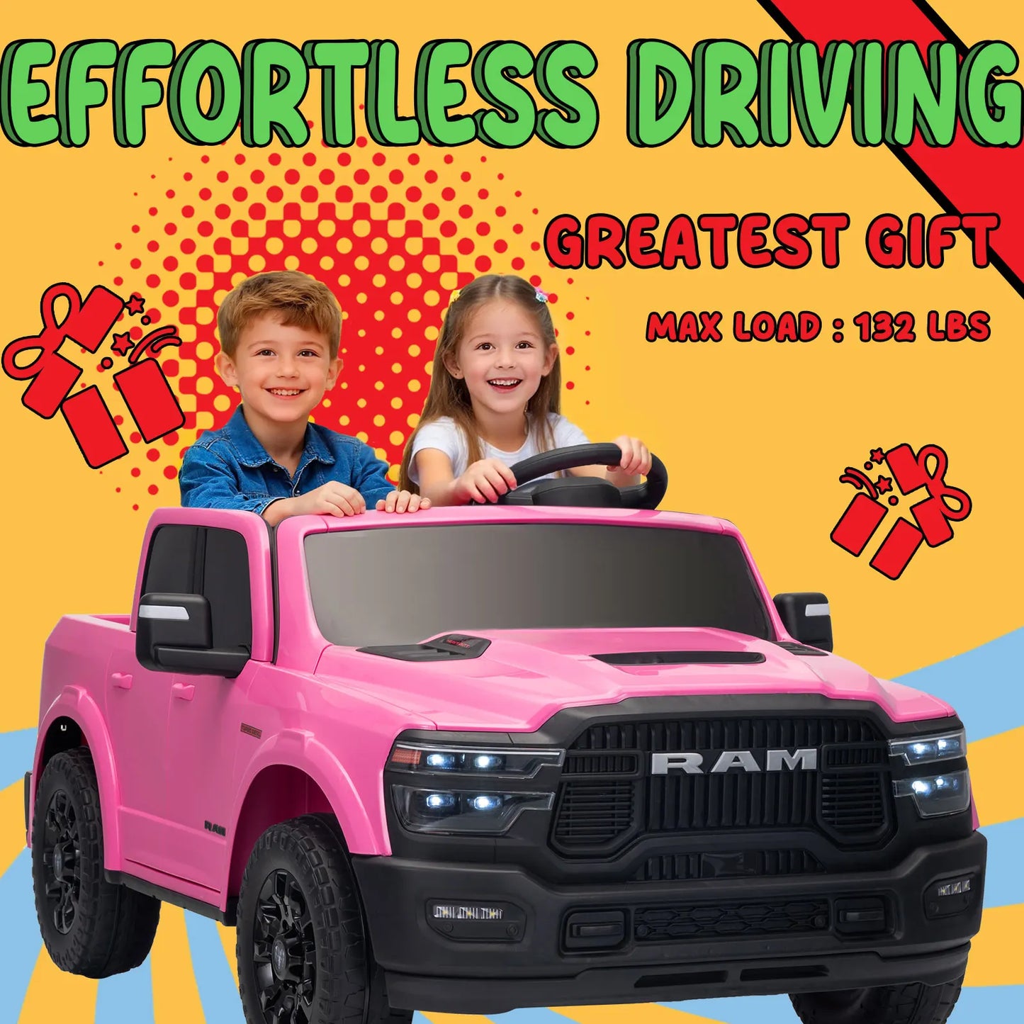 KerryYoo SQ7 Licensed RAM 24V Ride on Truck for Big Kids, 2 Seater Electric Car with Remote Control, Storage Bed - Pink