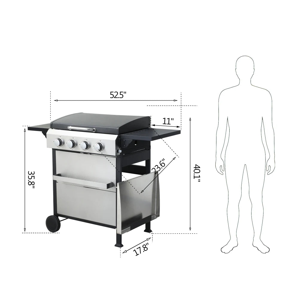 4-Burner Propane Gas BBQ Grill, SS Plancha, 49200BTU Output With Wire Enamel Cooking Grids For Outdoor Barbecue