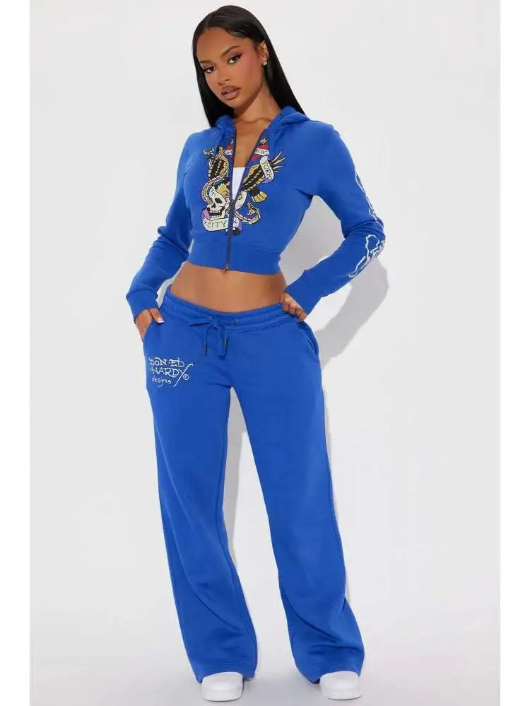 European and American Fashion Street Leisure Comfortable Painted Zipper Hoodie Positioning Printed Two-piece Women's Clothing