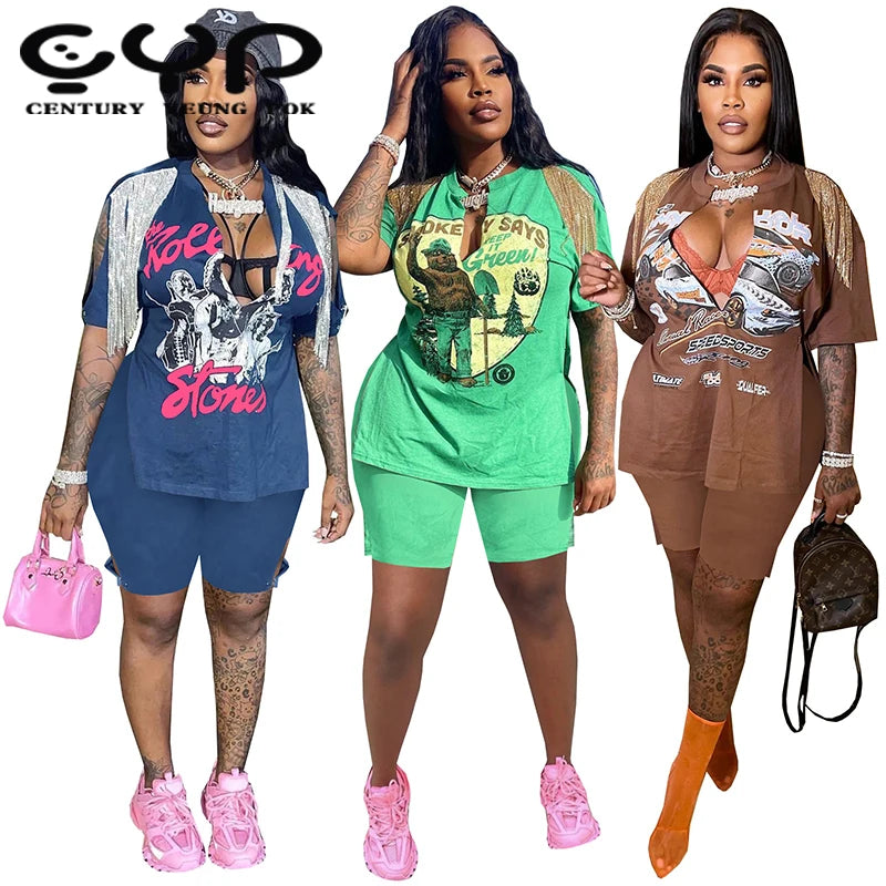 YP Fashion Women's Summer Casual Hip Hop Street Two Piece Set Sexy Graphic Chill Outfits with Tassel Knee Length Solid Pattern