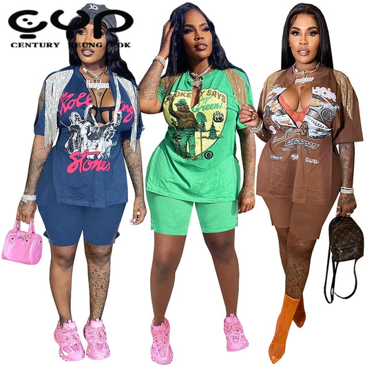 YP Fashion Women's Summer Casual Hip Hop Street Two Piece Set Sexy Graphic Chill Outfits with Tassel Knee Length Solid Pattern