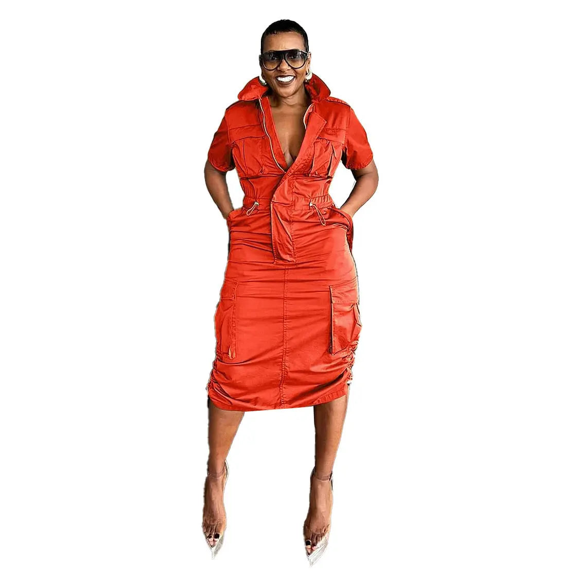 K3320 High-Quality Streetwear Casual Dresses Women Multiple Pockets Drawstring Cargo Summer  Dress for Women