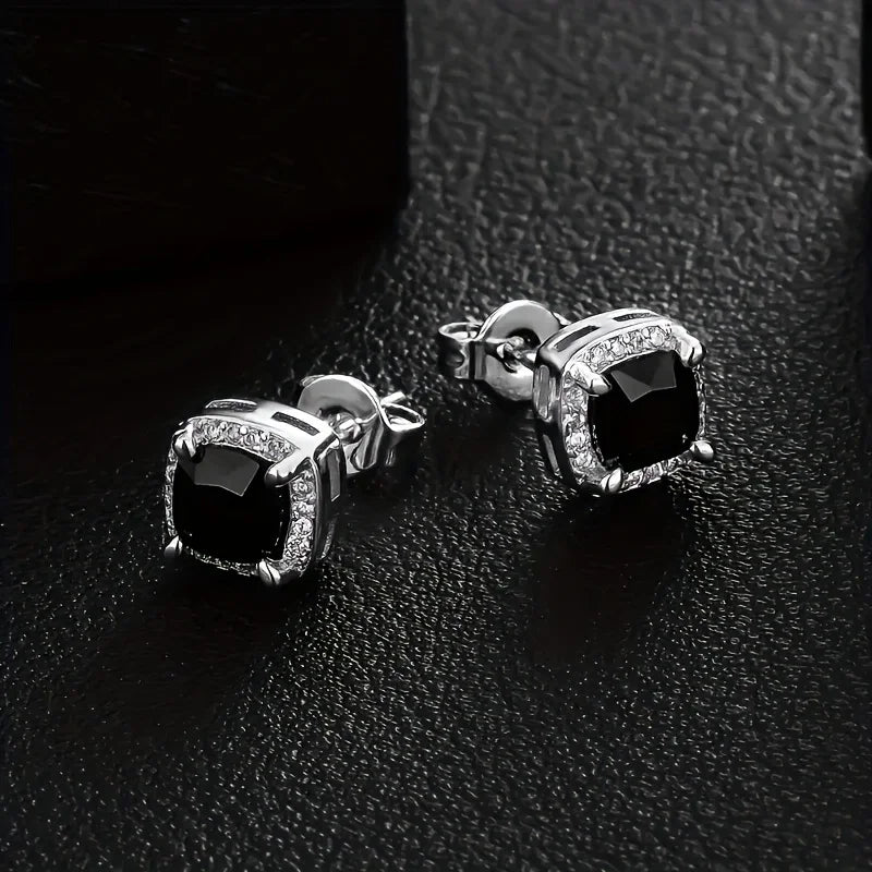 USA Stock Square Black Stud Rectangle 5A+ Cubic ZIRCON 14K Gold Plated Jewelry Aretes De Hombre CZ Diamond Earring for Men Women