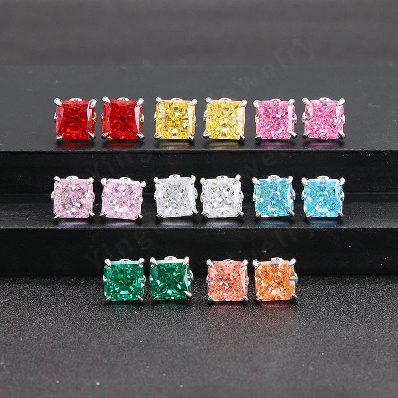 18K Gold Plated High Carbon Diamond Stud Earrings Classic Style Ice Crushed CZ Stobnes S925 Radiant for Anniversaries