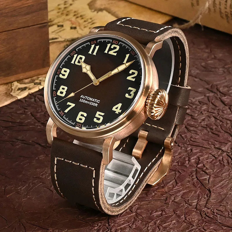 45mm Case Bronze Pilot Men Luxury Watch YN55A Automatic Mechanical Vintage Simple Style Sapphire Waterproof 10Bar Watch