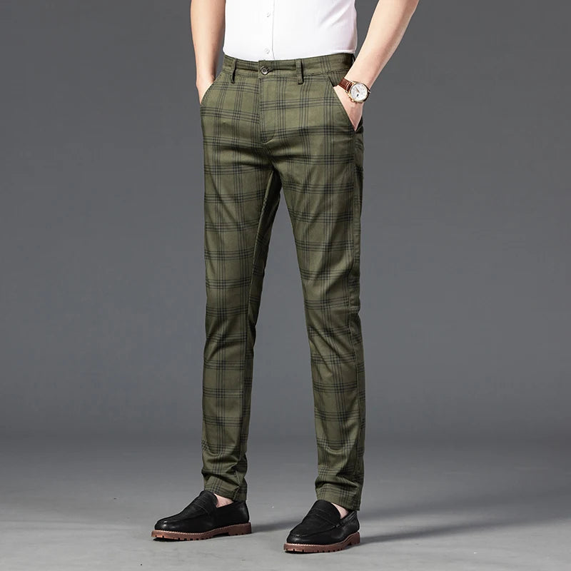 2025 Spring New Men's Plaid Casual Pants Business Fashion Slim Stretch Male Skinny Trousers Brand Clothes 7 Color