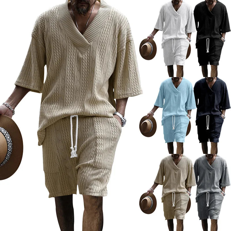 2024 Summer Men's Breathable Jacquard Casual Suits Loose Short Sleeve T-Shirt + Shorts V-Neck Tracksuit Two-Piece Set