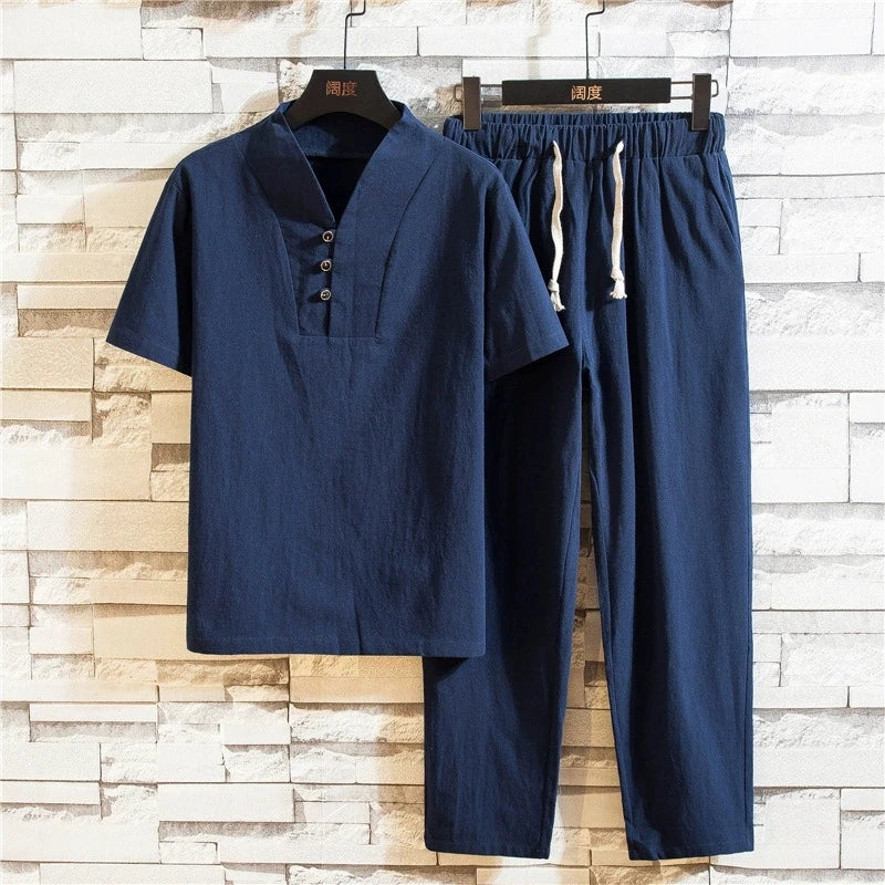 Custom New Fashion Men's Summer Suit - Large Size Chinese Style Loose Retro Casual Two Piece Set with Traditional Design