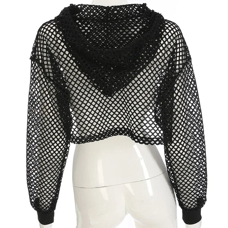 2022 New Spring  Streetwear Neon Green Mesh Fishnet Top Women Tshirt Perspective Long Sleeve Women's T-shirts Sexy Cropped Shirt